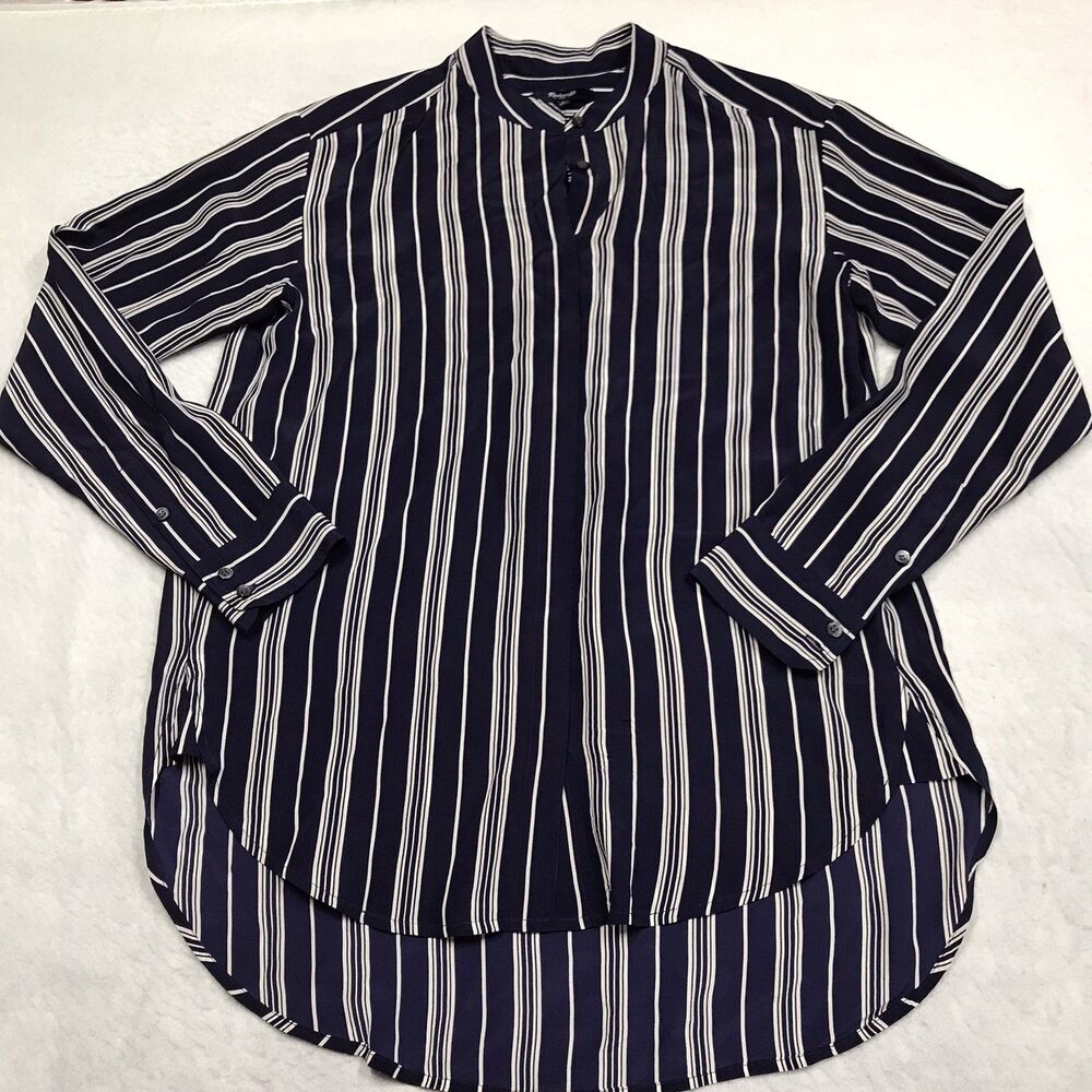 MADEWELL Mulberry Silk Button Shirt Women S Navy Stripe Career Office Blouse